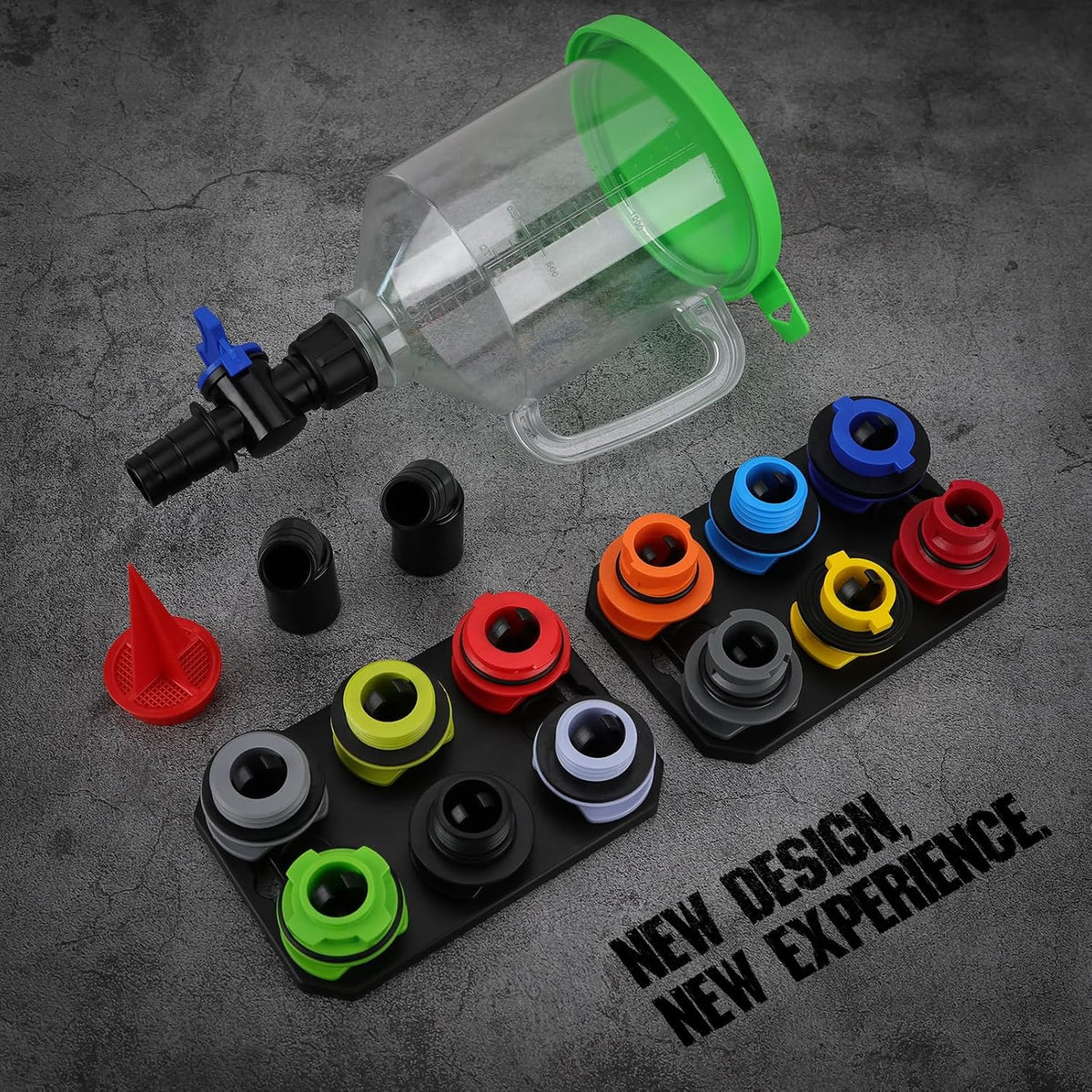 18-Piece Engine Oil Funnel Kit, 1.59QT/1.5L Automotive Oil Funnel Set with 12 Adapters, Elbow Fitting, Arrow Screen and Magnetic Storage Hooks Tray, Compatible with GM, Ford, BMW, Audi, Land Rover Etc