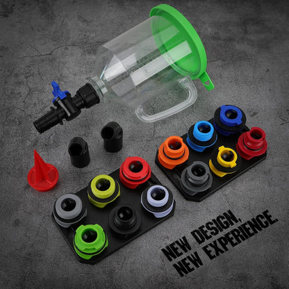 18-Piece Engine Oil Funnel Kit, 1.59QT/1.5L Automotive Oil Funnel Set with 12 Adapters, Elbow Fitting, Arrow Screen and Magnetic Storage Hooks Tray, Compatible with GM, Ford, BMW, Audi, Land Rover Etc