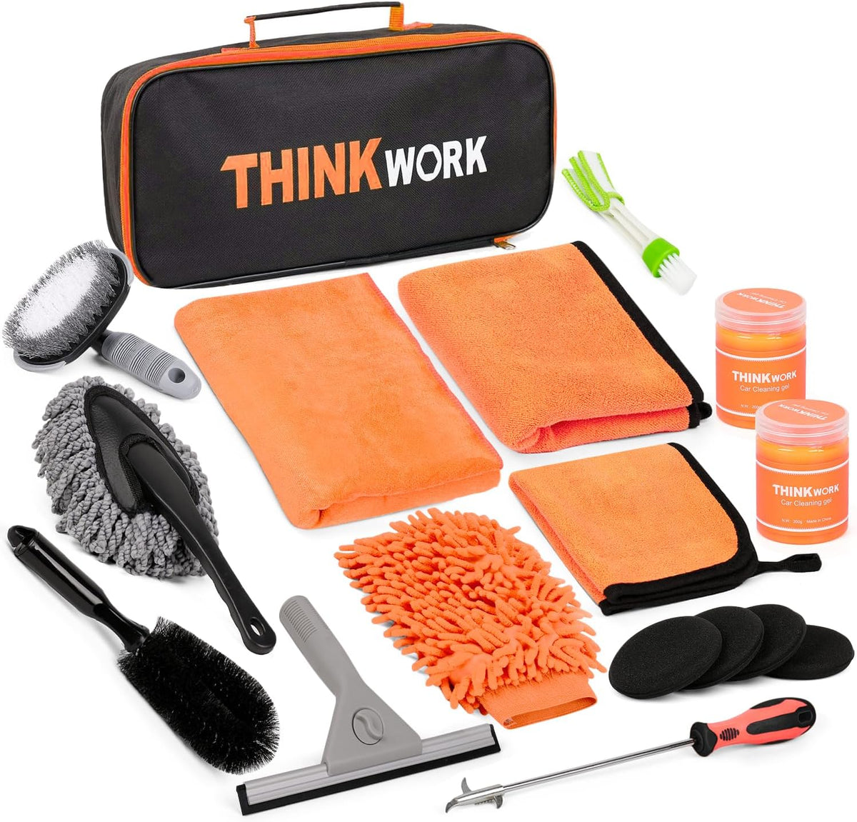 THINKWORK Car Cleaning Kit, Car Detailing Kit Interior Cleaner with High Power Handheld Vacuum, 10Pcs Detailing Brush and Storage Bag, Gray Auto Interior Cleaning Kit for Men
