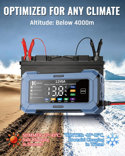 Car Battery Charger and Automatic Trickle Charger Battery Maintainer with Intelligent Pulse Repair Digital Display trickle Charger for car Battery 12v 6A for AGM LiFePO4 Motorcycle Batteries