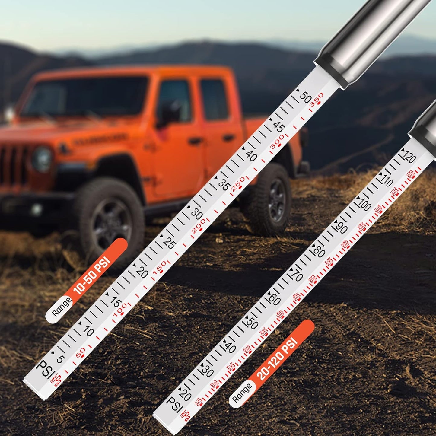 ETENWOLF Pencil Tire Pressure Gauge 2 Pack (10-50PSI, 20-120PSI) with 16 Tire Caps Calibrated to ANSI B40.1 Grade B(2%), Stainless Steel Body, Car Accessories for Cars, Pickups, RVs, Bicycles
