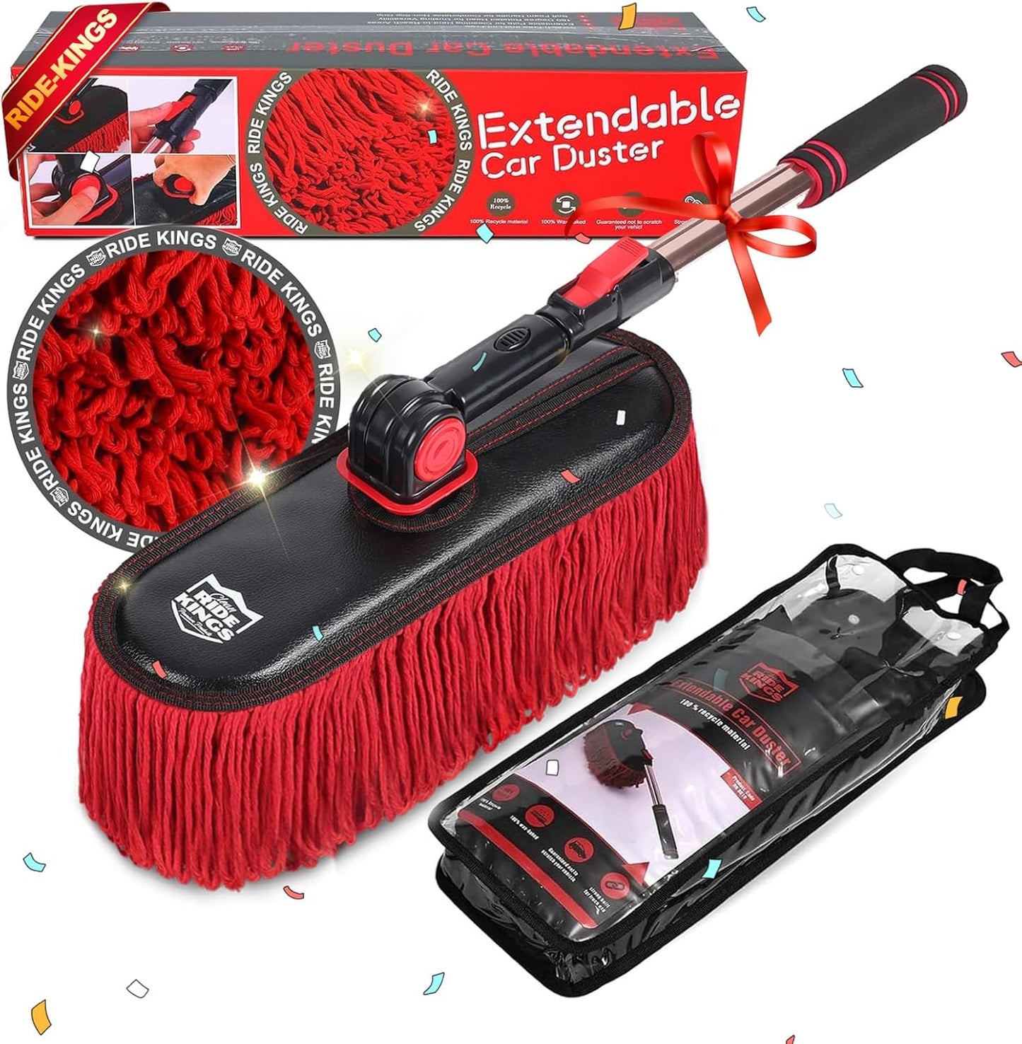 Car Duster Exterior with Extendable Handle, Scratch Free Auto Wash Brush Mop, Interior Detailing Kit for Truck RV Boat - Wax Cotton Duster & Interior Brush, Red