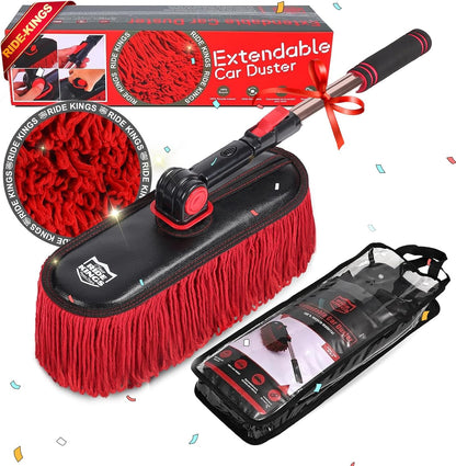 Car Duster Exterior with Extendable Handle, Scratch Free Auto Wash Brush Mop, Interior Detailing Kit for Truck RV Boat - Wax Cotton Duster & Interior Brush, Red
