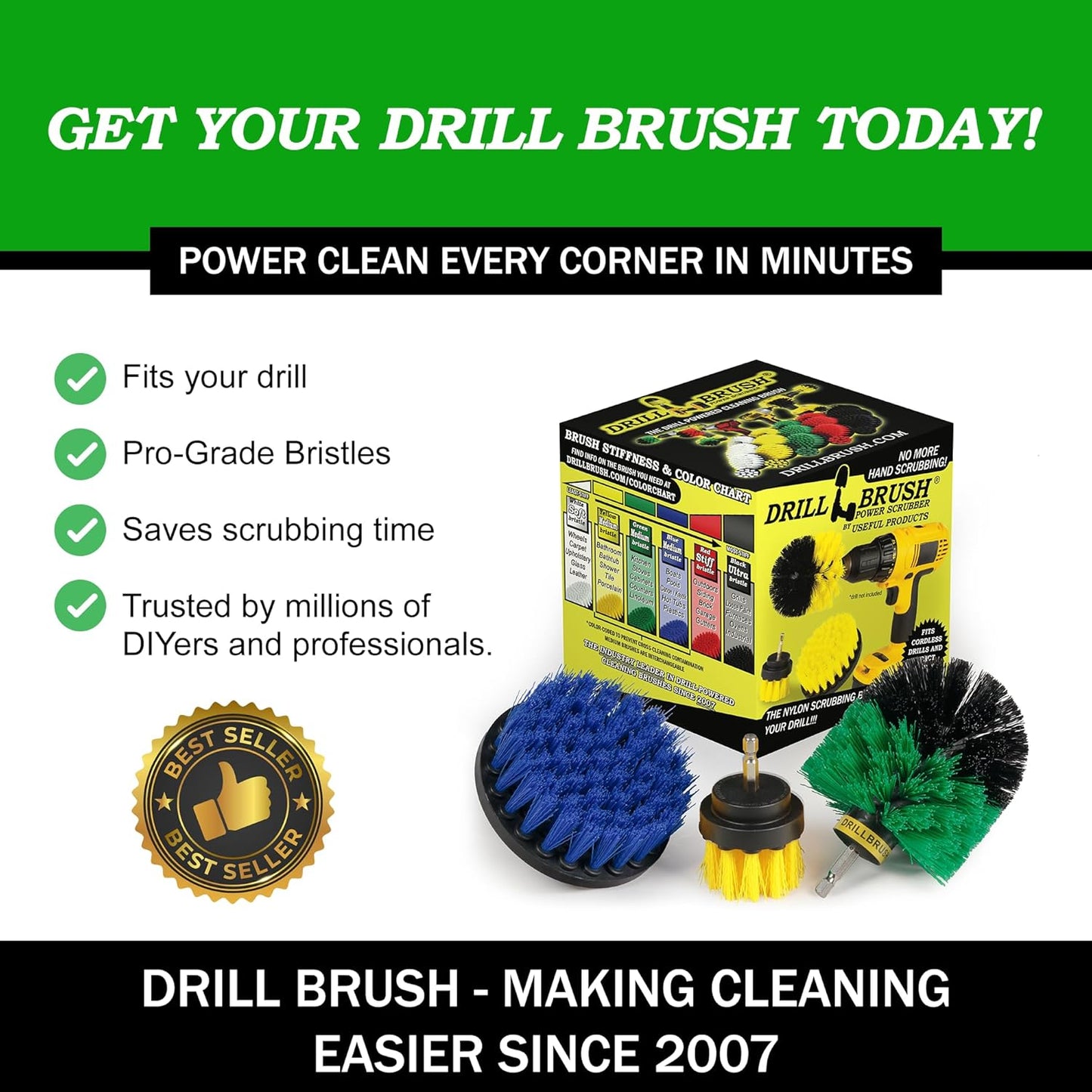 Drillbrush Car Detailing Kit | Drill Brush Set – Soft Bristle Power Scrubber Attachments for Cleaning Car Interior, Upholstery, Carpet, Seats, Wheels, Rims, Dash, Console, and Trim - Nylon Scrub Brush