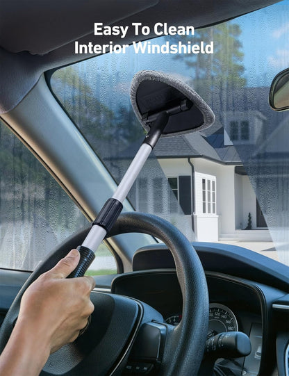 AstroAI 21" Windshield Cleaner Tool, Car Interior Detailing Cleaning Kit with Extendable Handle and 4 Upgraded High-Density Reusable Microfiber Pads, Auto Glass Wiper Brush Kit for Cars, Blue