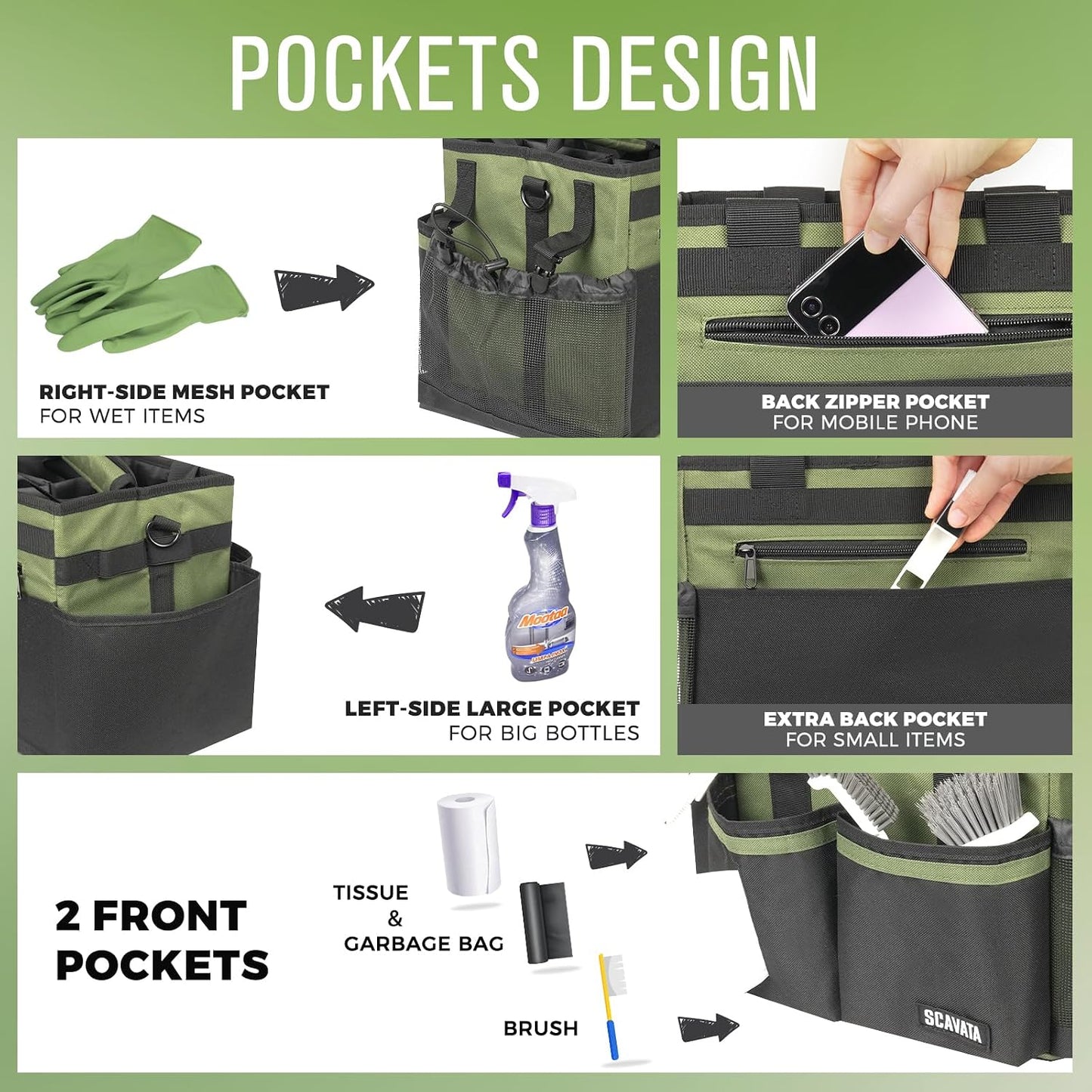 SCAVATA Compact Wearable Cleaning Caddy, Small Supplies Organizer with Handle & Shoulder Straps for Housekeepers, Under Sink & Car Cleaning Tool Organizer Bag (Black)