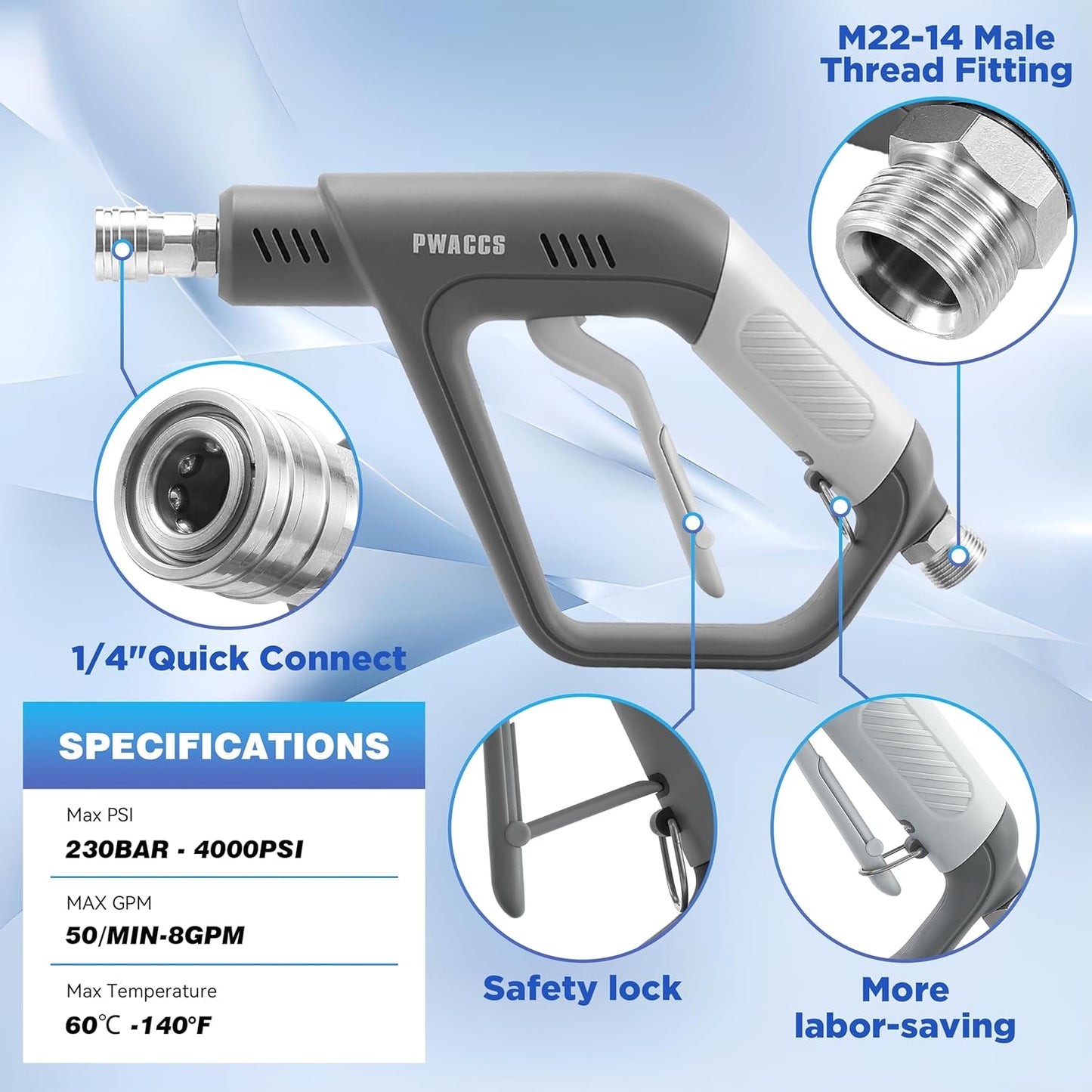 PWACCS Foam Cannon Dual Connector, Pressure Washer Car Wash Foam Gun, Short Power Washer Gun Kit with Dual-Connector Accessory, 1/4" Quick Connector, 1.5 Liter, 4000 PSI