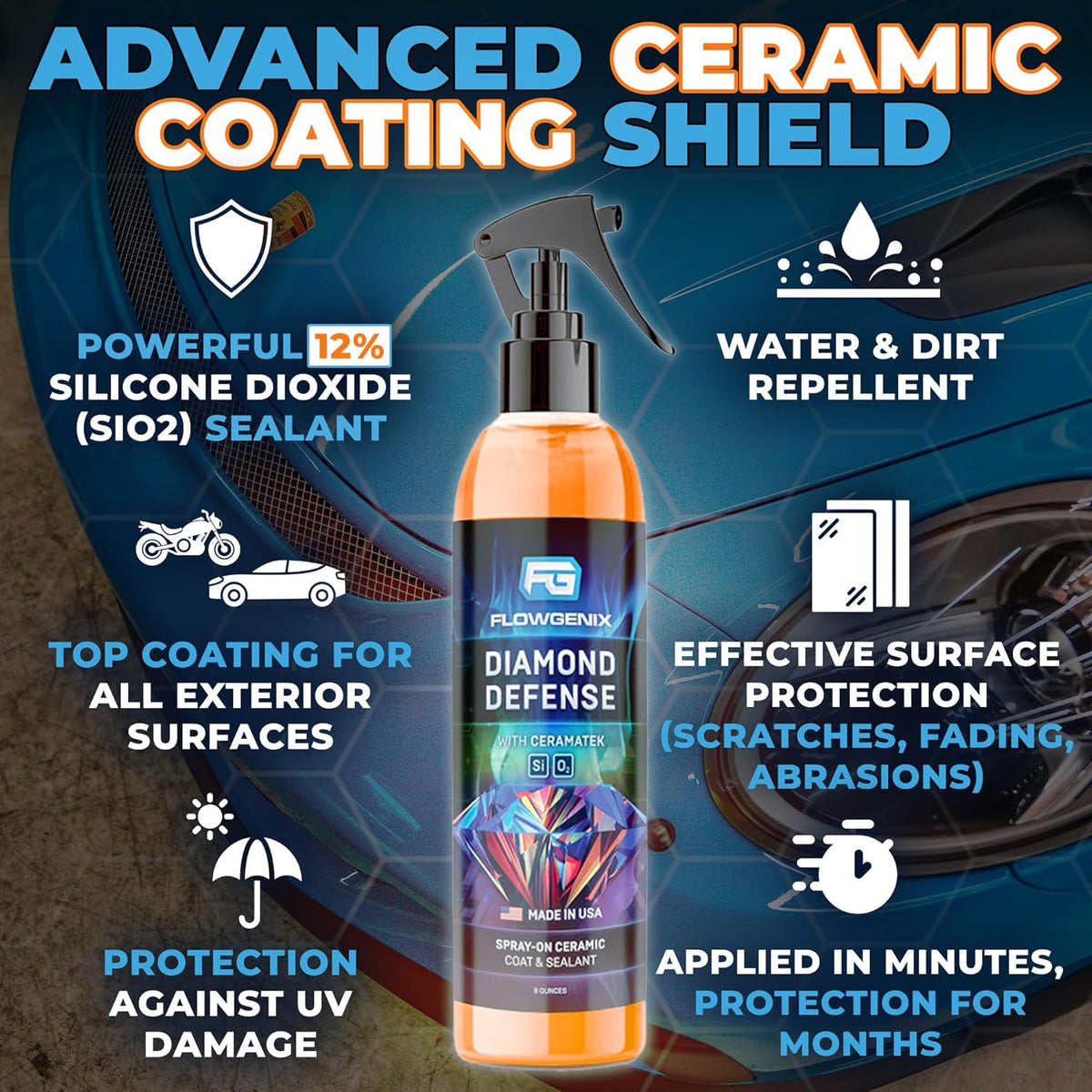 Flowgenix™ Waterless Car Wash Spray - Grand Finale - Motorcycle Cleaner & Car Wax Polish (8 oz) - Ceramic Coating - Incl. 2 Microfiber Towels - Quick Detailer Spray to Make Your Vehicle Shine