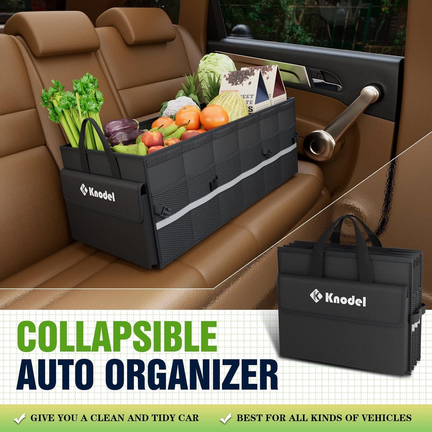 K KNODEL Car Trunk Organizer with Lid, Collapsible Car Trunk Storage Organizer, Car Organizer and Storage for SUV, Truck, Sedan (Medium, Black)