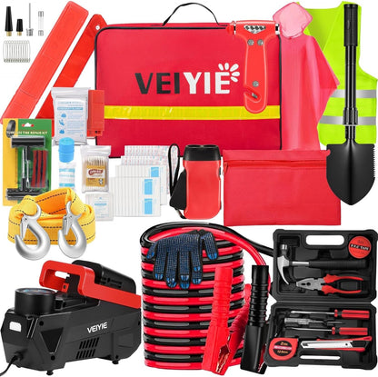 Roadside Car Emergency Kit, Winter Car Safety Kit with 10FT Jumper Cables, Tow Strap, Tool Kit, Reflective Warning Triangle, Road Trip Essentials, for New Drivers, Teens