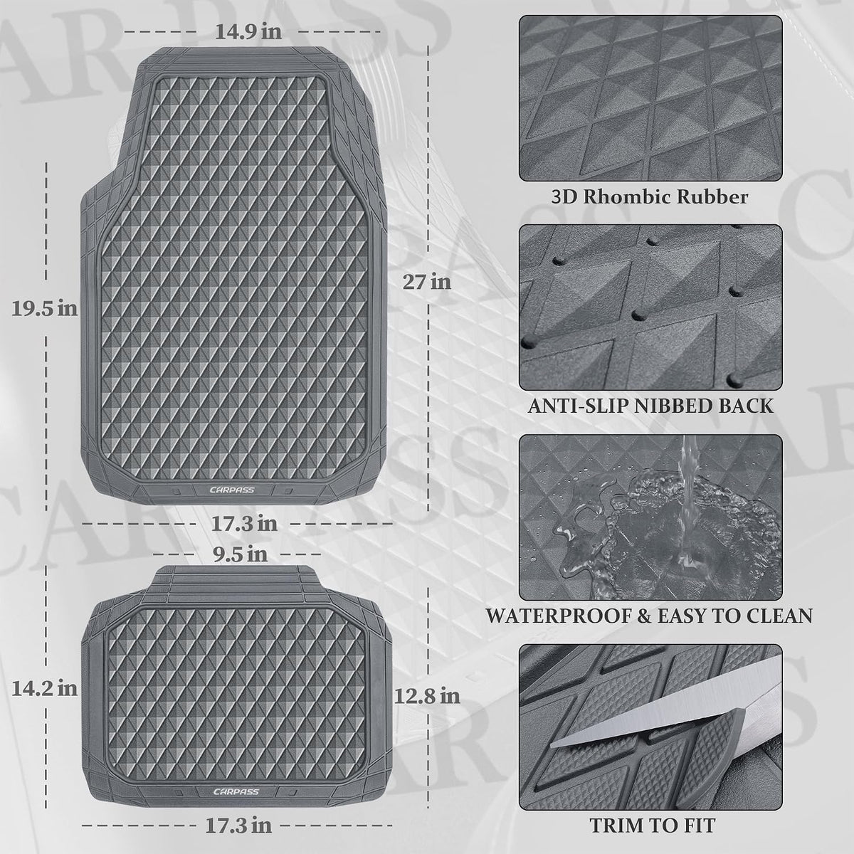 CAR PASS Black Rubber Car Mats, All-Weather Floor Mats Full Set Durable Anti-Slip 3D Rhombus Waterproof Automotive Pad Trim to Fit Liner Universal Fit for Sedan SUV Truck Van, 4 Pcs All Black Rubber