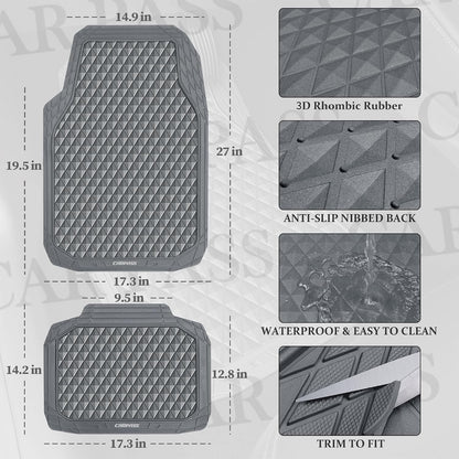 CAR PASS Black Rubber Car Mats, All-Weather Floor Mats Full Set Durable Anti-Slip 3D Rhombus Waterproof Automotive Pad Trim to Fit Liner Universal Fit for Sedan SUV Truck Van, 4 Pcs All Black Rubber
