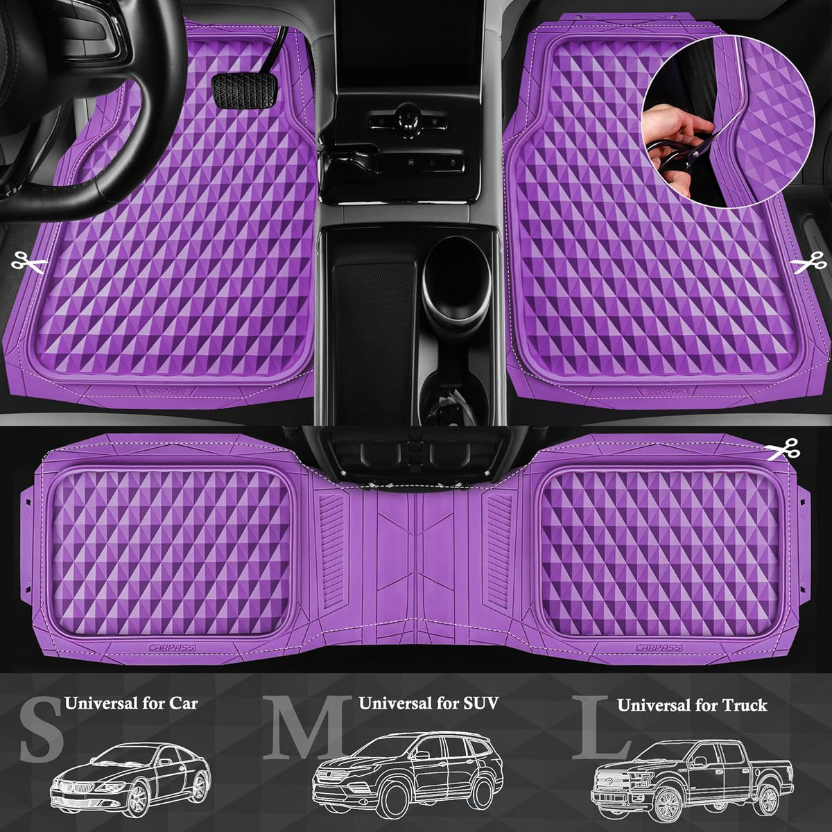 CAR PASS Heavy Duty Rubber Car Mats, Deep Dish All-Weather Floor Mat for Car Full Set Durable Anti-Slip 3D Rhombus Waterproof Trim to Fit Liner Universal Fit Automotive,Sedan,SUV,Truck, 3 Piece Black