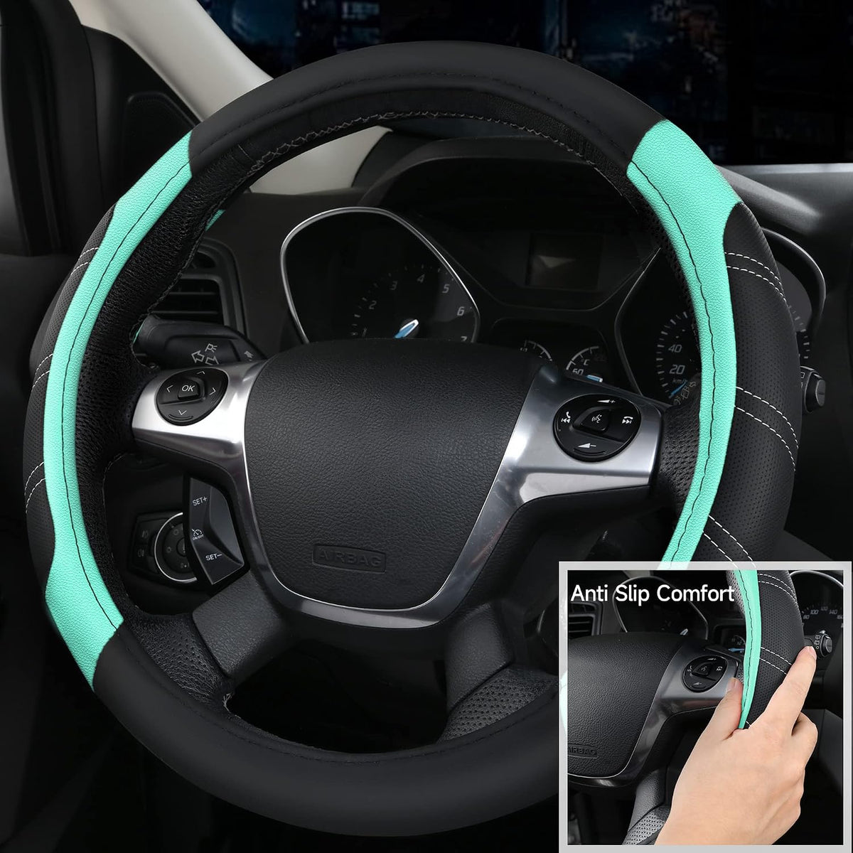 CAR PASS Air Mesh Leather Car Seat Covers Full Set, Waterproof Car Floor Mats, Sporty Steering Wheel Cover 14.5-15in, Universal Fits for 95% Cars Truck SUV (Black and Blue)