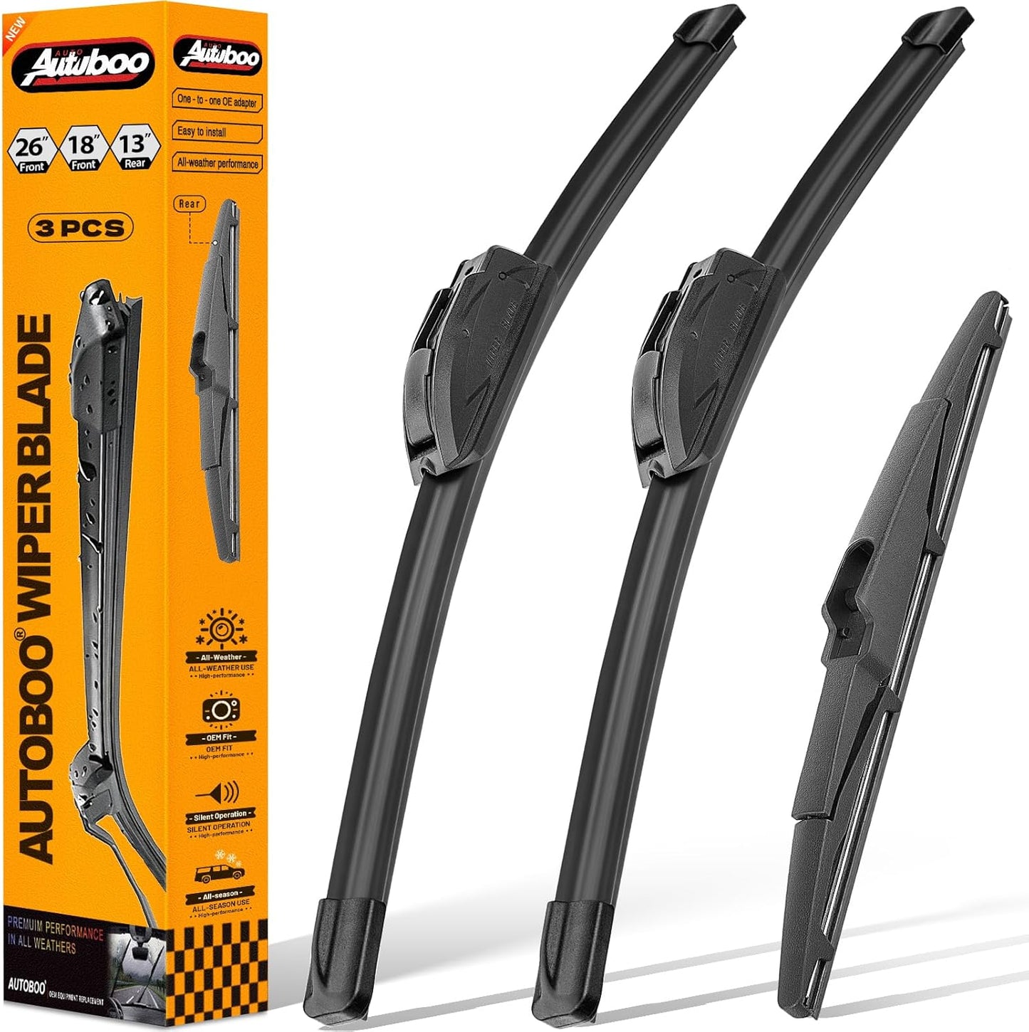 AUTOBOO 3-Pack Windshield Wiper Blades for Subaru Outback 2020-2025, Original Equipment Replacement 26"+18" Front and 16" Rear, All-Weather Performance, Easy One-Click Install