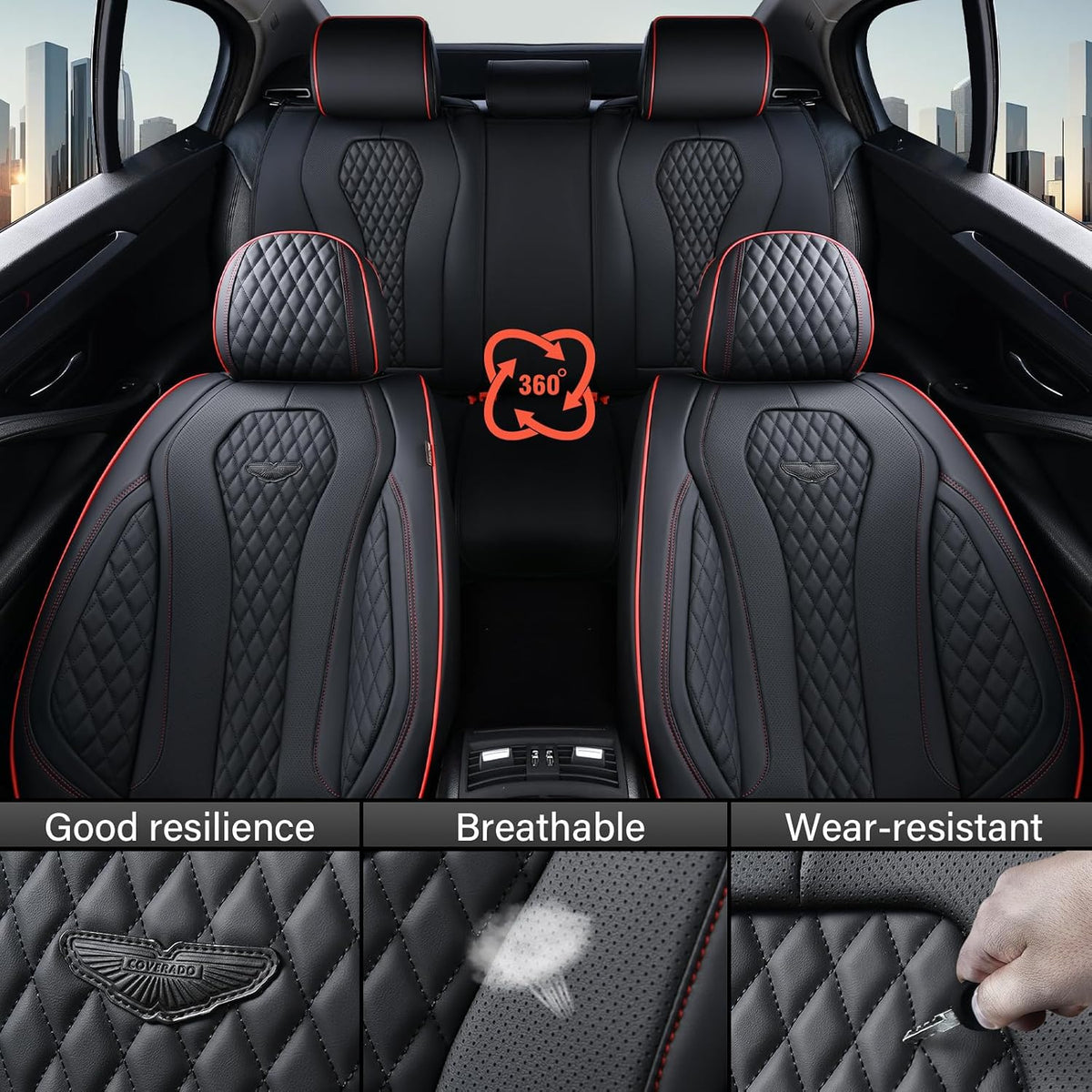 Coverado Seat Covers, Car Seat Covers Full Set, Black Car Seat Cover, Car Seat Covers Front Seats Back Seat Cover, Waterproof Car Seat Cushion, Leather Seat Covers Seat Protector Fit for Most Cars