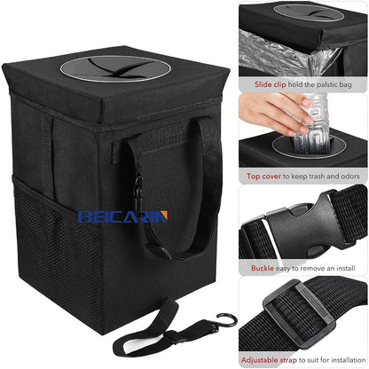 Car Trash Can with Lid - Trash Bag Hanging with Storage Pockets Leak-Proof SUV Organizer Collapsible and Portable Waterproof Truck Garbage Bin, 2.6 Gal Large Capacity Multipurpose Trash Bin for Van