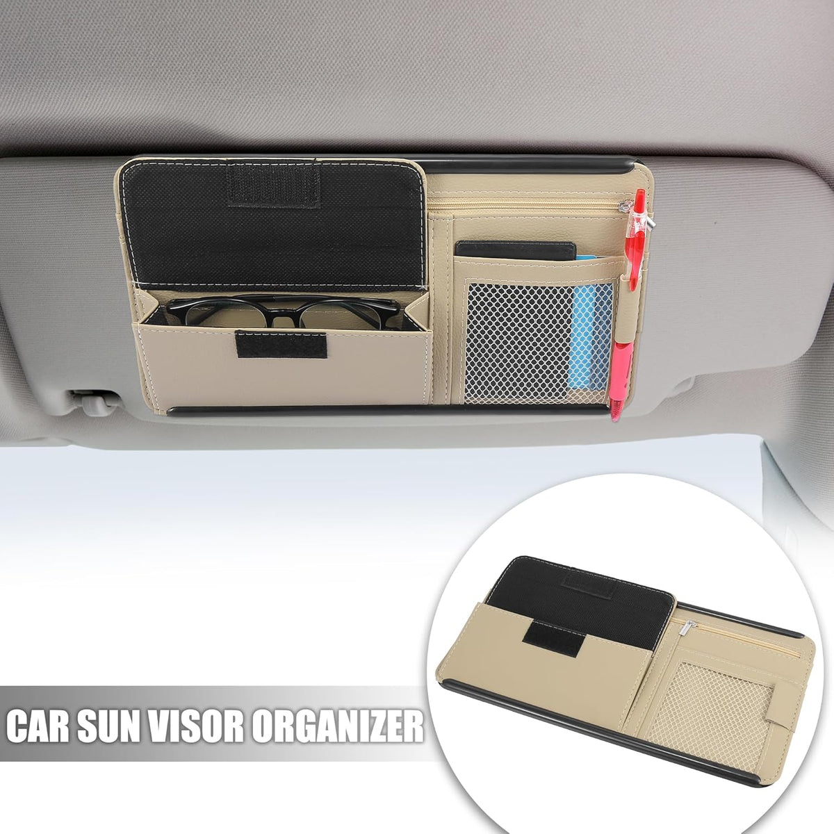 X AUTOHAUX Black Universal Car Sun Visor Organizer Sunglasses Case Storage Pocket Hook and Loop Tape ABS PU Leather for SUV RV Truck