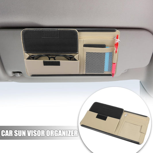X AUTOHAUX Black Universal Car Sun Visor Organizer Sunglasses Case Storage Pocket Hook and Loop Tape ABS PU Leather for SUV RV Truck