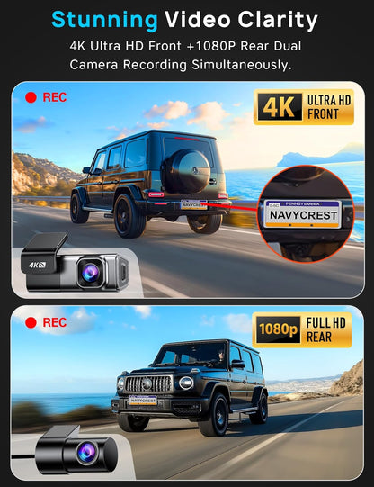 Navycrest 4K Dash Cam Front and Rear, Built-in 5G WiFi, Dash Camera for Cars 4K Front and 1080P Rear, Dashcams for Cars Loop Recording, Gravity Sensor, 24-Hours Parking Mode, SD Card NOT Included