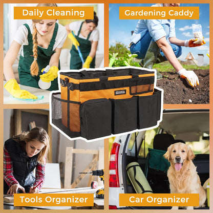 SCAVATA Wearable Cleaning Caddy Bag, Supplies Organizer with Handle & Shoulder Straps for Housekeepers, Under Sink & Car Cleaning Tool Organizer with 4 Foldable Dividers (Black)