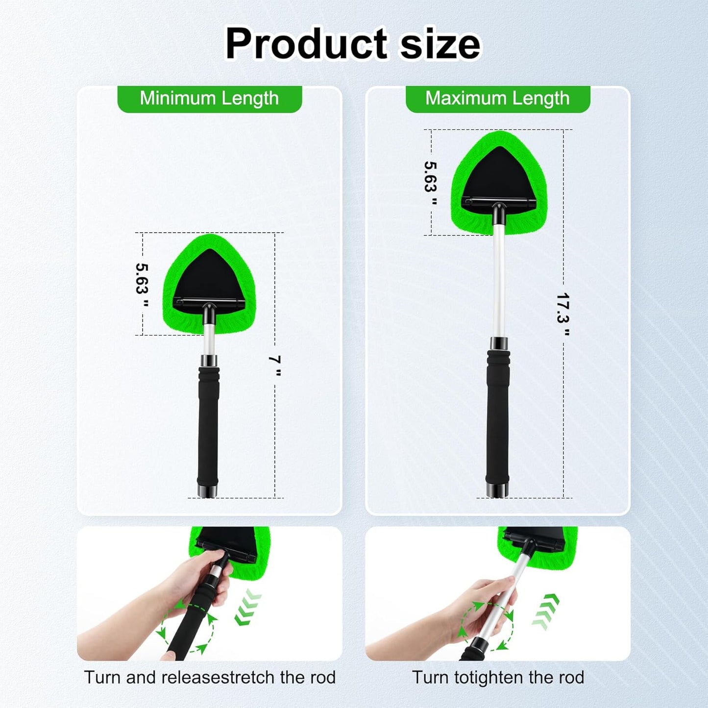 JUSTTOP Windshield Cleaner Tool, Car Interior and Exterior Window Cleaning Kit with Extendable Handle & 4 Reusable Microfiber Pads, Auto Glass Wiper Brush Kit for Car & Home Windows (Green)