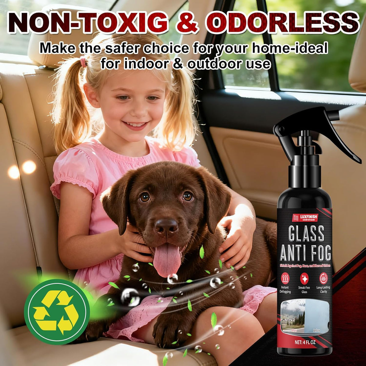 Anti Fog Spray for Glass & Windshield Defogger – 24H Long Lasting Prevention for Car, Mirrors, Windows, Goggles, Shower Door – Streak-Free & Instant Clear with Microfiber Towel, 120ml/4oz
