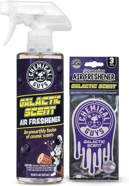 Chemical Guys New Car Scent Air Freshener and Odor Eliminator, 16 fl oz with 3 Pack of Hanging Air Fresheners (Great for Cars, Trucks, SUVs, RVs, Home, Office, Dorm Room & More) - HOL459