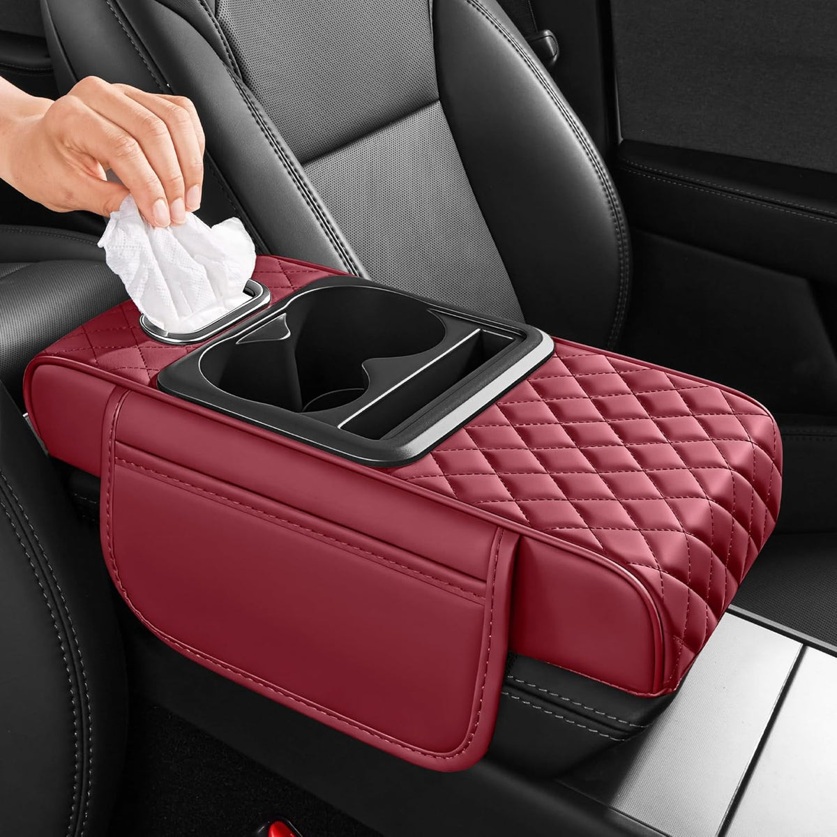 5 in 1 Car Center Console Cover, Armrest Pad with 2 Storage Pockets, Cup Holder, Tissue Slot, Phone Holder, Nappa Leather Memory Foam Car Accessories for SUV Sedan Truck (Black)