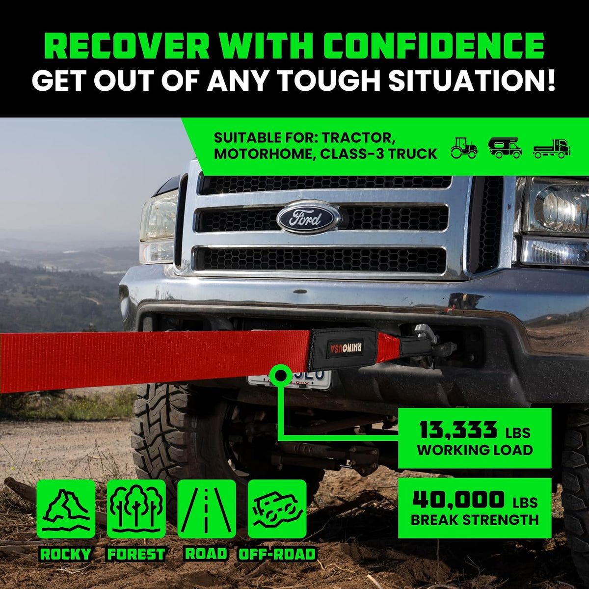 Rhino USA Recovery Tow Strap (3" x 20') - 31,518lb Break Strength - Emergency Recovery Strap Tow Rope for Truck, UTV, ATV & More - Heavy Duty Towing Strap for Offroad 4x4 Use - Compatible with Jeep