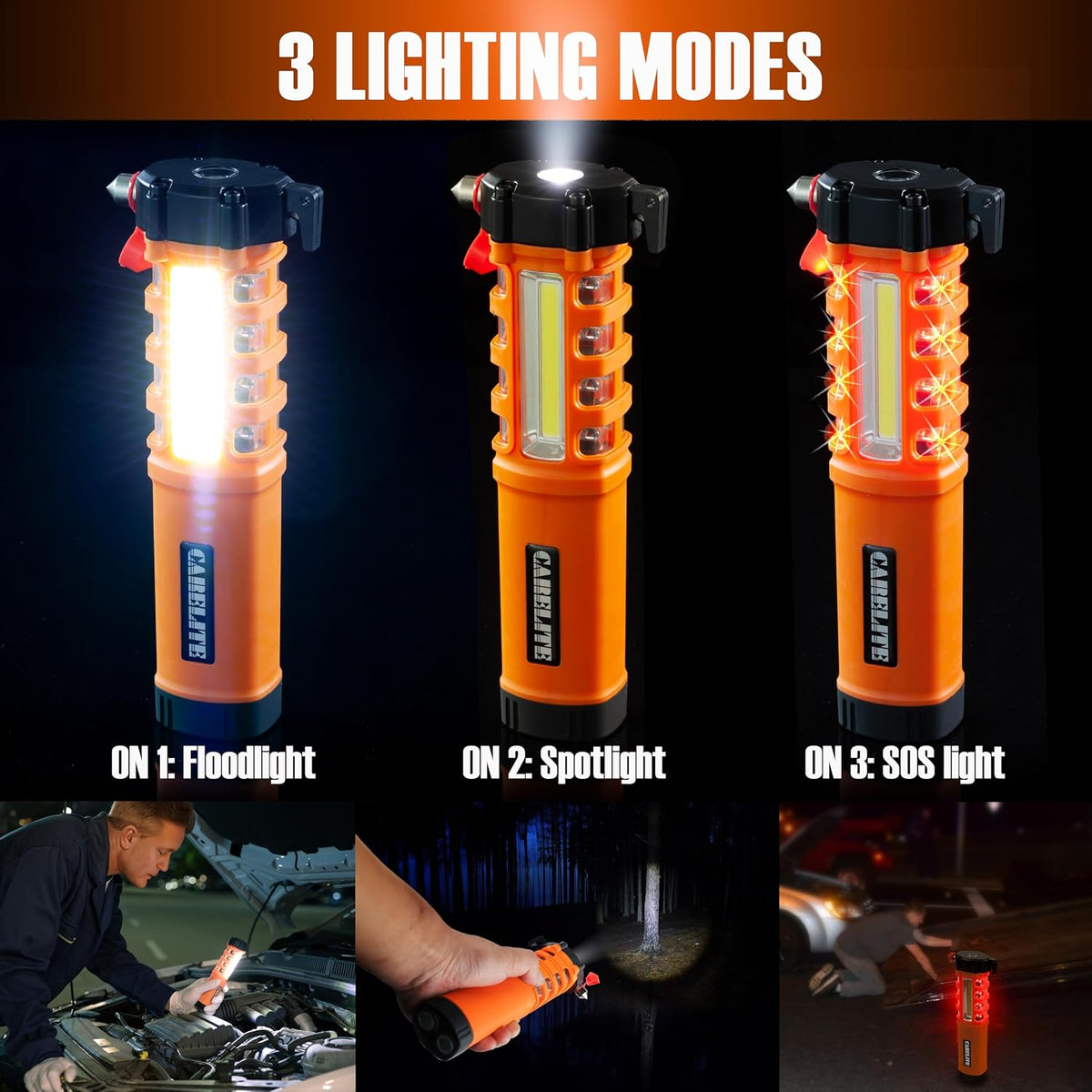 Emergency Car Flashlight with Seatbelt Cutter and Window Breaker, LED Work Light & Flash Beacon, Life-Saving Car Escape Tool for Roadside Safety (Orange)