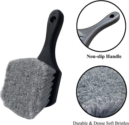Wheel & Tire Brush for Car Rim, Soft Bristle Car Wash Brush, Cleans Tires & Releases Dirt and Road Grime, Short Handle for Easy Scrubbing Black