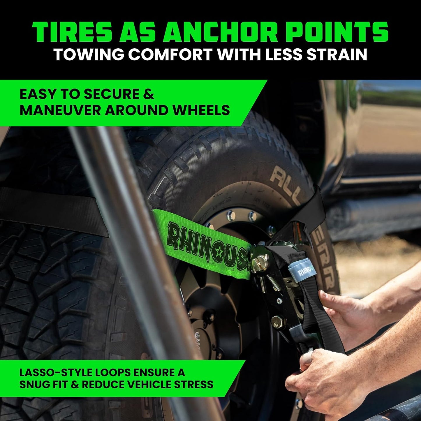 Rhino USA Car Tie Down Straps with J Hooks – 4 Pack 2" x8' – 10,000lbs Break Strength – Heavy Duty T-Handle Car Hauler Tire Lasso Wheel Straps for Trailers, UTV & Powersports – Black