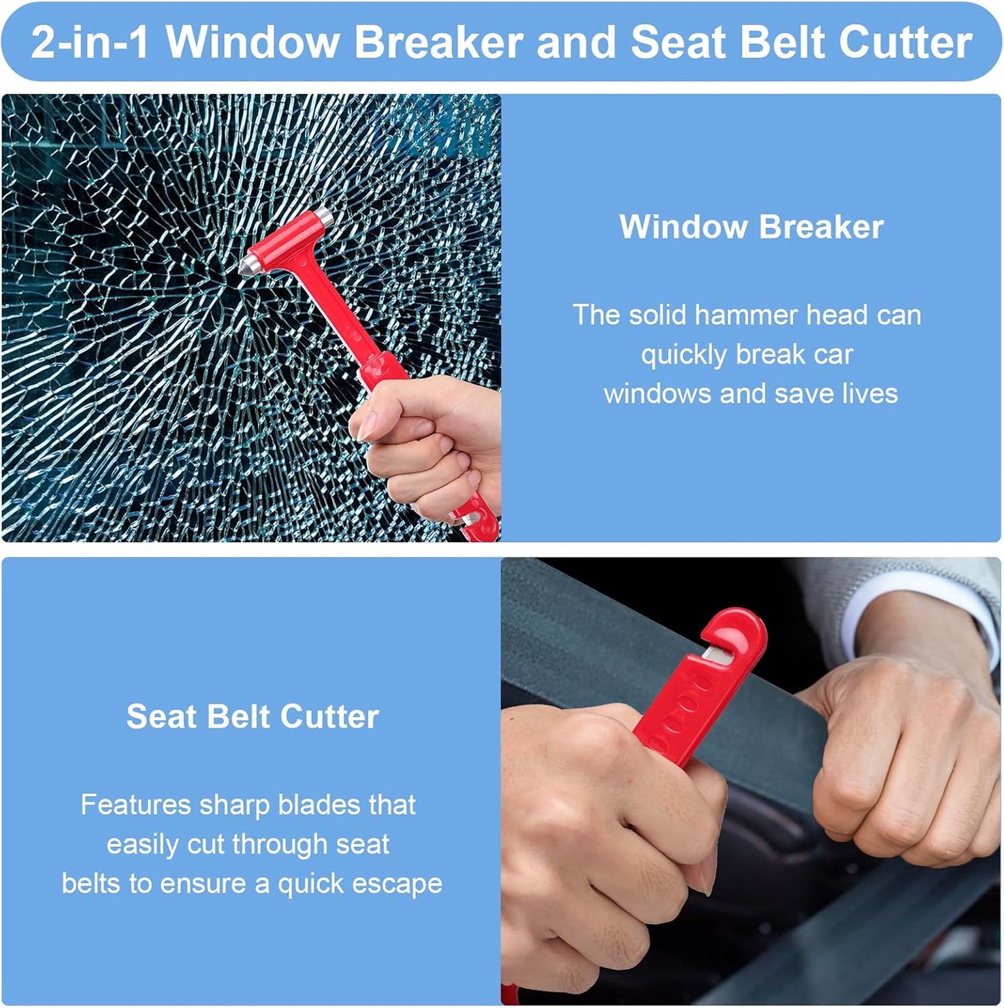 2-Pack Car Glass Window Breaker and Seatbelt Cutter, Emergency Escape Tool for Vehicle, Safety Hammers with Compact Dual-Steel Head Design for Quick Breakage (2)