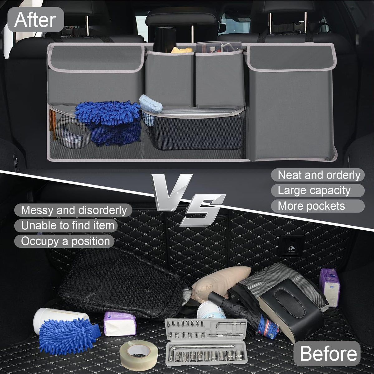 UYYE Trunk Hanging Organizer, Backseat Bag, Car Interior Accessories with 4 Pockets & 2 Mesh Pouches for Groceries, Will Provide More Storage Trunk Space for SUV, Jeep, MPVs