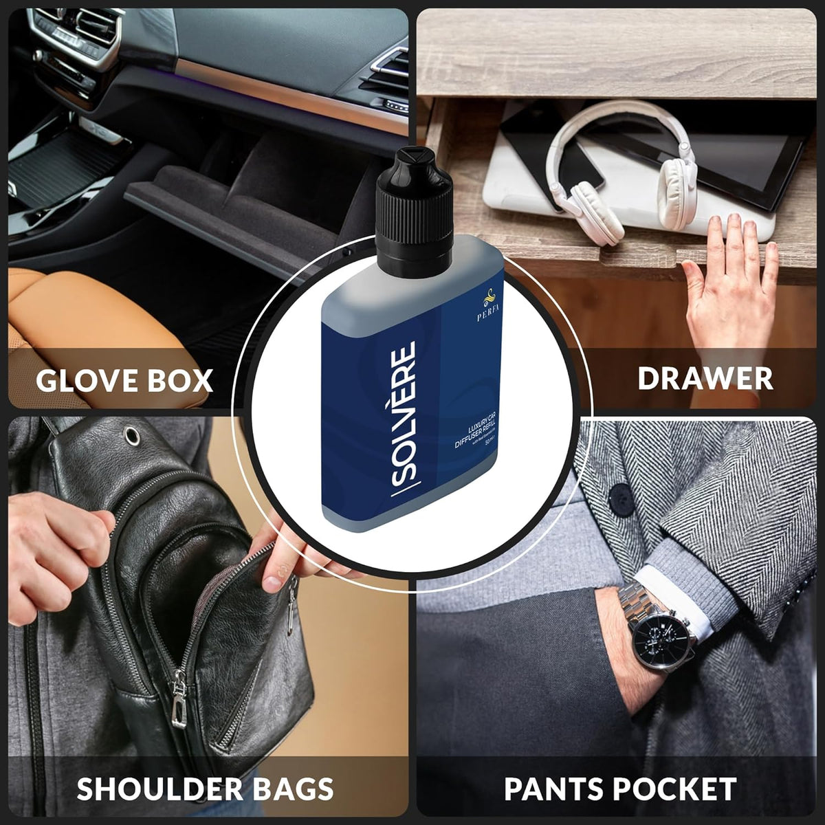 Solvère Car Air Freshener for Men | Perfume Style Freshener with Solvère Fragrance | Strong Freshener with Odour Eliminating Technology with Vent Clip | Car Air Freshener by Perfa
