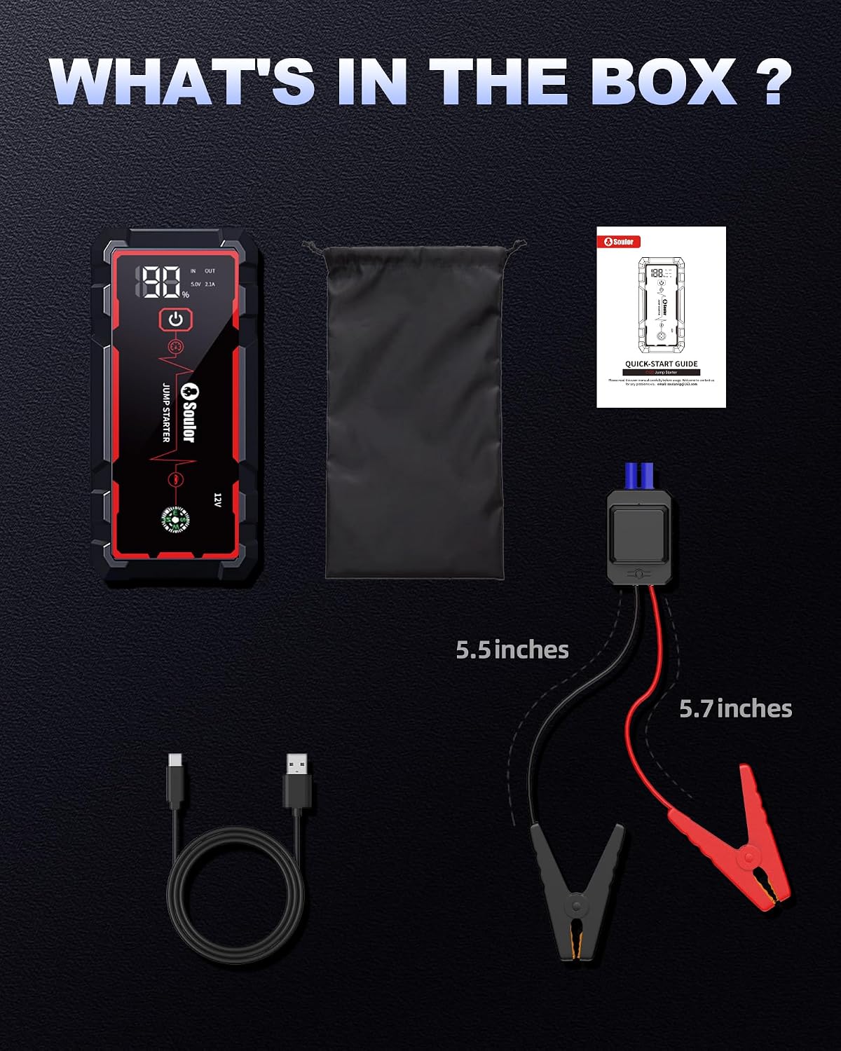 Jump Starter, Battery Jumper Starter Portable, Car Battery Jump Starter with 3 Modes Flashlight, Compass, Power Bank and Jumper Cable