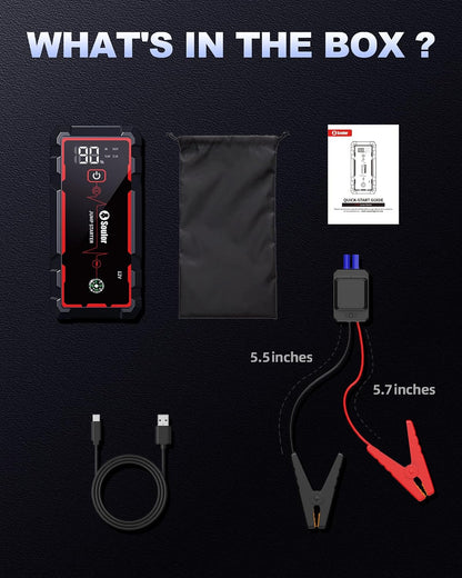 Jump Starter, Battery Jumper Starter Portable, Car Battery Jump Starter with 3 Modes Flashlight, Compass, Power Bank and Jumper Cable