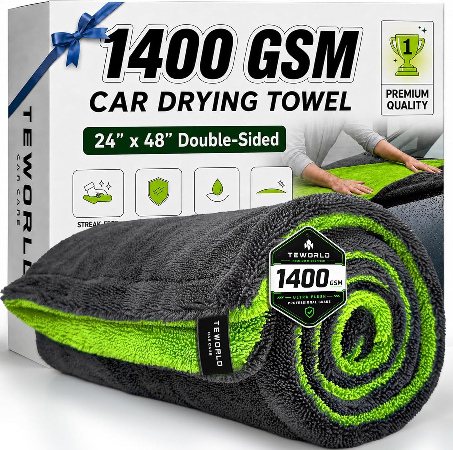 1400 GSM Car Drying Towels – XXL Microfiber Towels for Cars (48" x 24"), Ultra-Absorbent, Streak-Free, Scratch-Free, No Water Spots, Double-Twist Pile & Edgeless Design