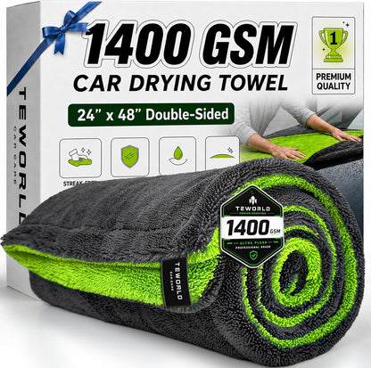 1400 GSM Car Drying Towels – XXL Microfiber Towels for Cars (48" x 24"), Ultra-Absorbent, Streak-Free, Scratch-Free, No Water Spots, Double-Twist Pile & Edgeless Design