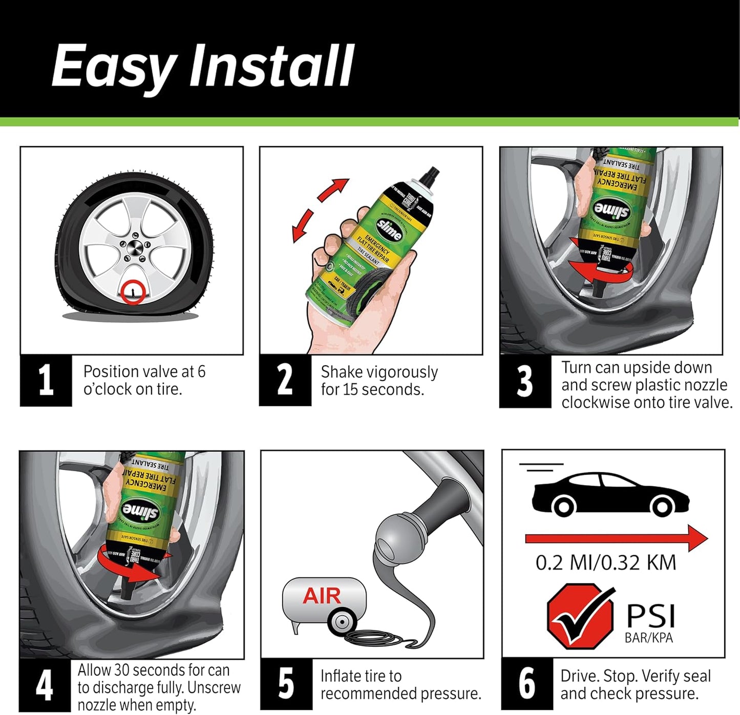 Slime 50107 Flat Tire Puncture Repair, Smart Spair, Emergency Kit For Car Tires, Includes Sealant And Tire Inflator Pump, Suitable For Cars And Other Highway Vehicles, 15 Min Fix