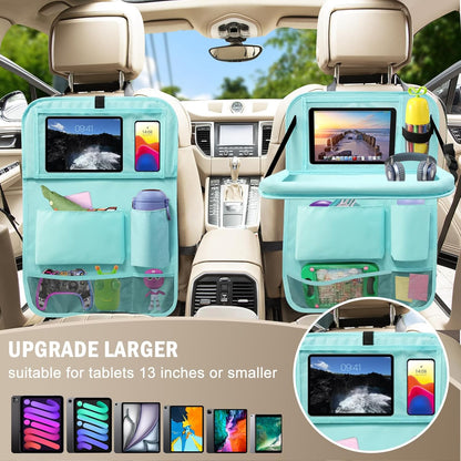 2Pack Car Backseat Organizer with Foldable Table Tray,6 Storage Pockets Car Storage Organizer with Tablet Holder,Car Seat Back Protectors Kick Mats Travel Accessories (Black)
