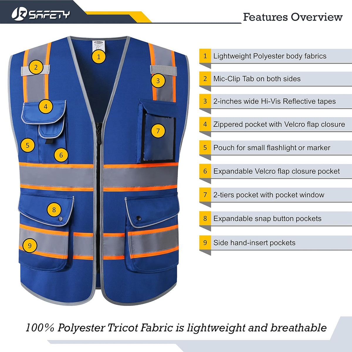 JKSafety 9 Pockets Class 2 High Visibility Zipper Front Safety Vest With Reflective Strips,Meets ANSI/ISEA Standard (Large, 150-Yellow) - Colors A