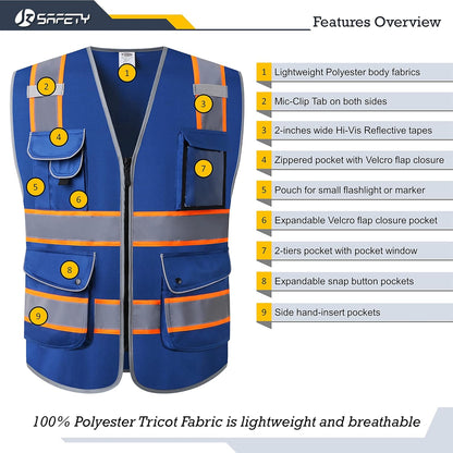 JKSafety 9 Pockets Class 2 High Visibility Zipper Front Safety Vest With Reflective Strips,Meets ANSI/ISEA Standard (Large, 150-Yellow) - Colors A