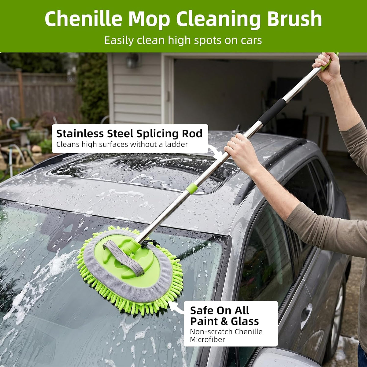 62" Car Wash Brush with Long Handle Chenille Microfiber Car Wash Mop Mitt, Wheel Brush, Windshield Window Squeegee, Car Duster Microfiber Towel, Gloves, for Cleaning Cars, RV, Truck, Boat