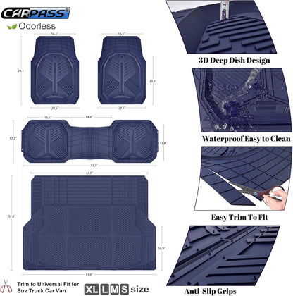 CAR PASS Heavy Duty Rubber Car Mats with Cargo Liner, Deep-Dish Car Floor Mats and Trunk Mat All Weather, Universal Trim-to-Fit for SUVs Trucks Sedans, Waterproof Anti-Slip, Trimmable V12 Black