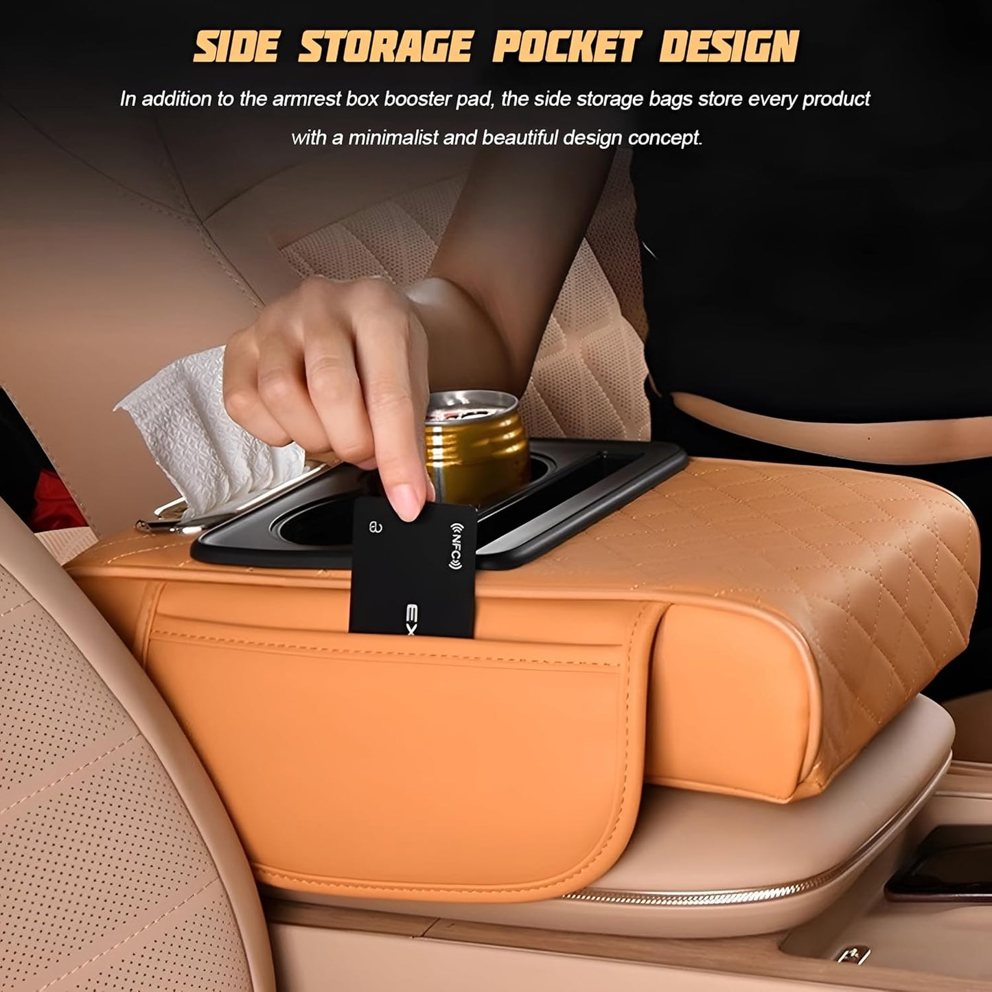 Zpana Car Center Console Armrest Pillow, Memory Foam Leather 4 in 1 Vehicle Arm Rest Cover with Tissue Box 2 Side Storage Bag Cup & Phone Holder, Auto Armrest Cushion, Universal Fit (Black)