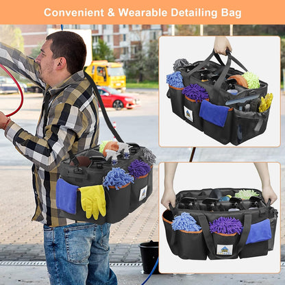 WDG Detailing Bag Cleaning Caddy Organizer with Handle & Polisher Tote Bag Wearable Cleaning Caddy Car Care Storage/Carry Tote for Car Care Supplies Organizer -Small