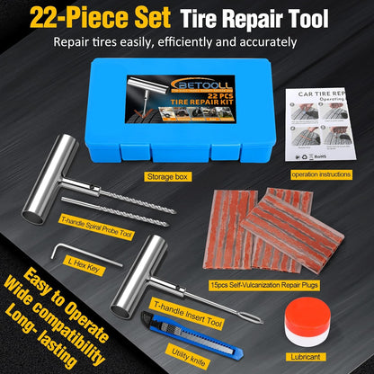 BETOOLL Tire Repair Kit, 24 Pcs Professional Heavy Duty Universal Emergency Flat Tire Repair Kit to Fix Punctures, for car Motorcycle, Truck, Golf Cart, ATV, Tractor, ARB, RV, SUV, Trailer etc.