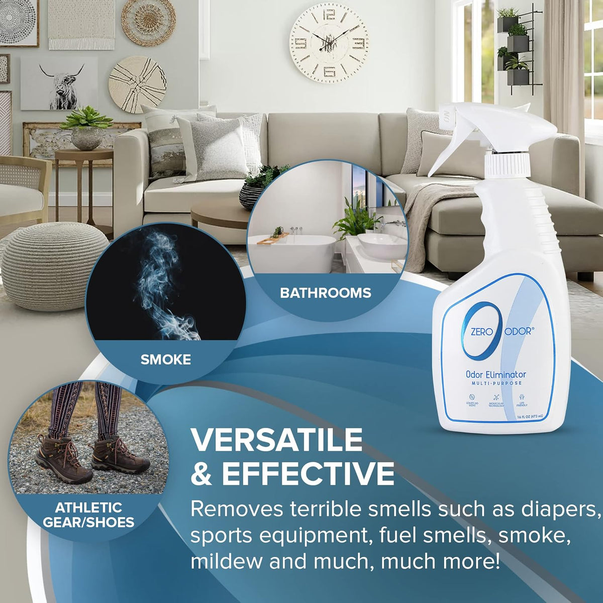 Zero Odor Multi-Purpose Odor Eliminator - Eliminate Air & Surface Odor – Patented Technology Best for Bathroom, Kitchen, Fabric, Closet- Smell Great Again, 8oz (Over 1000 Sprays)